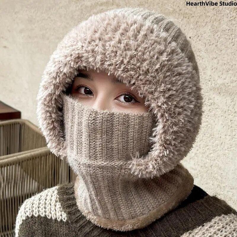 High Elastic Solid Color Knitted Hat Scarf Mask One-piece